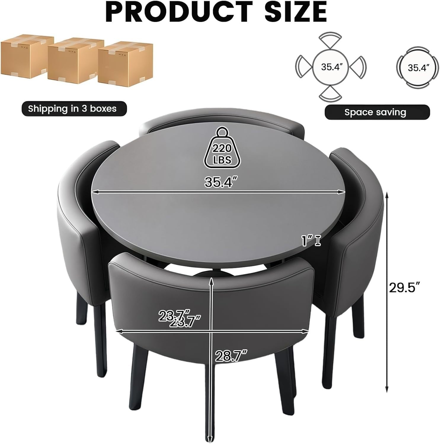Modern 5-Piece Round Dining Table Set with 4 Faux Leather Chairs Grey