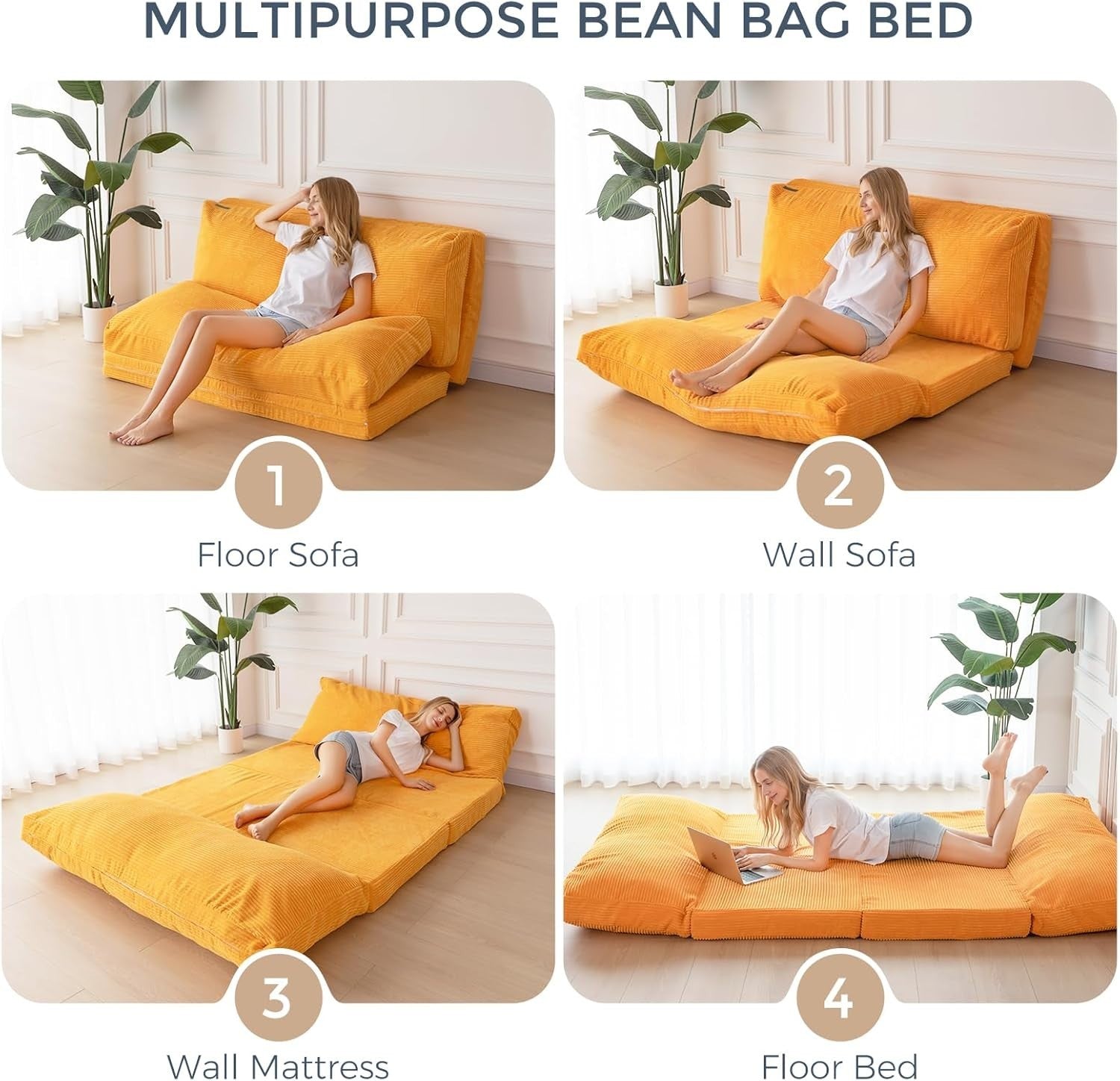Orange 4 Fold Floor Sofa Bed Chair Washable Corduroy Lounger 75x240cm