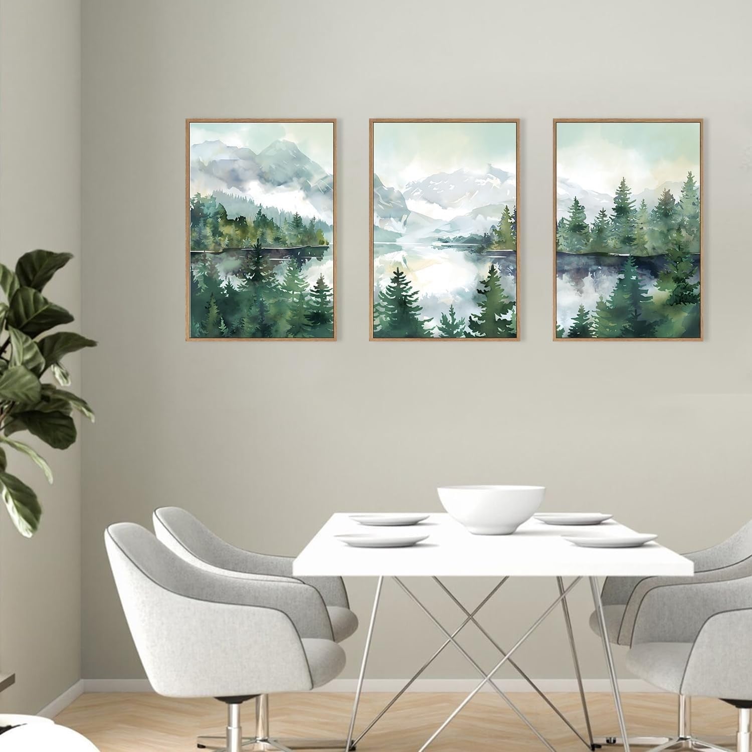 Watercolor Mountain Framed Canvas Wall Art Set Forest Landscape 16x24