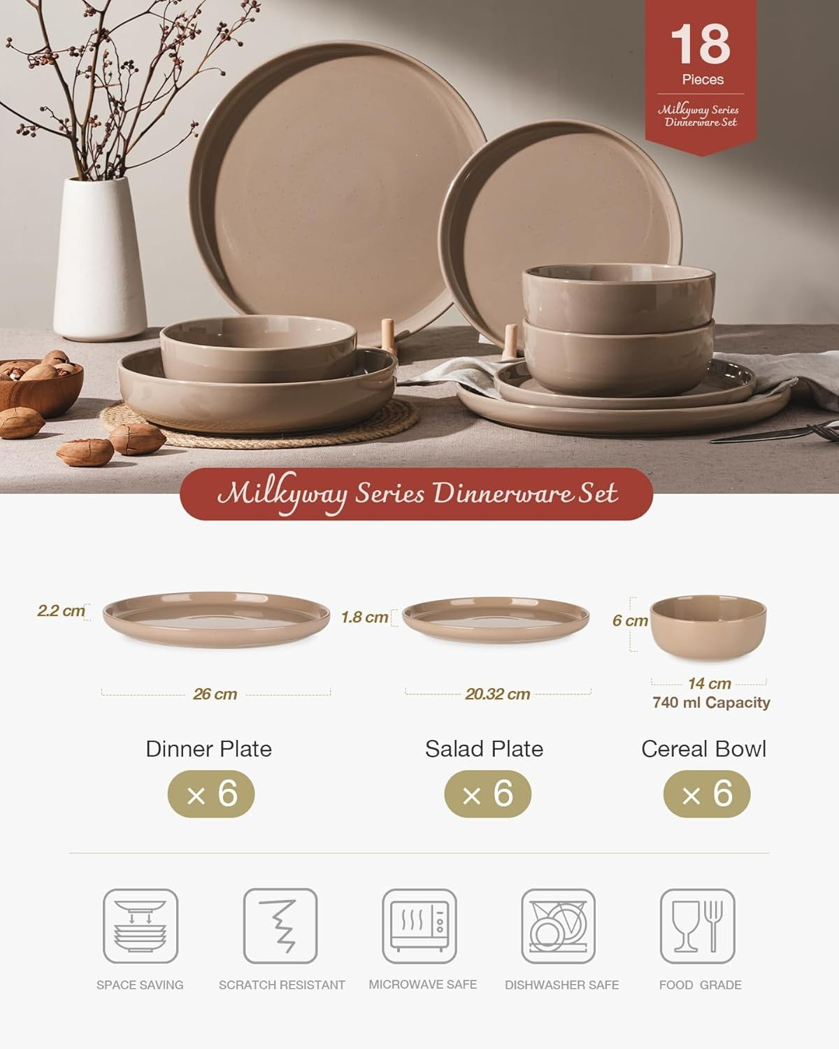 18 Piece Stoneware Dinner Set Plates Bowls Resistant Dishwasher Safe