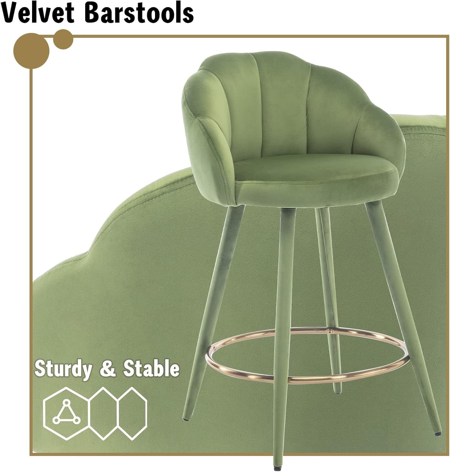 Green Velvet Bar Stools Set of 2 Modern Kitchen Counter Breakfast Chairs
