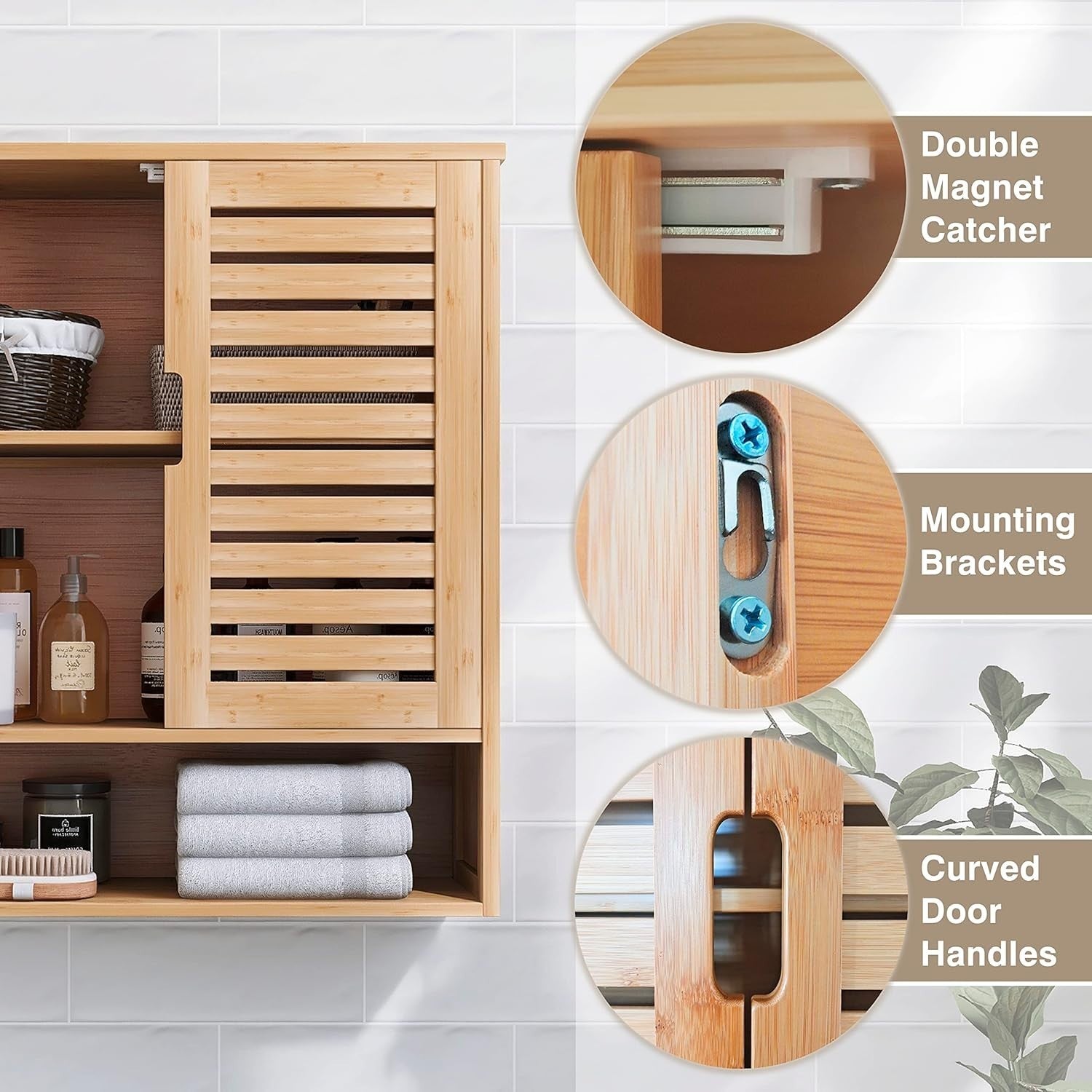 Natural Bamboo Bathroom Cabinet – Wall Mounted, Over Toilet, 2 Door Storage