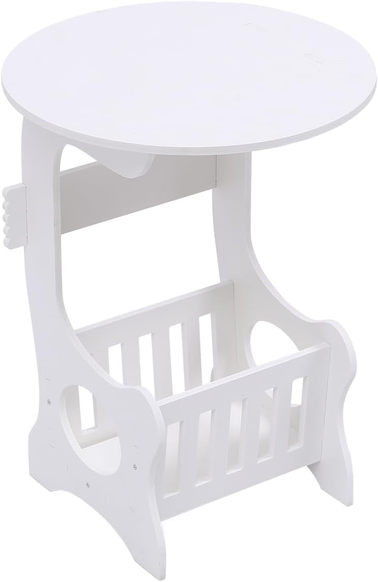 Round White Bedside Table with Shelf, Slim Corner Side Table for Small Spaces