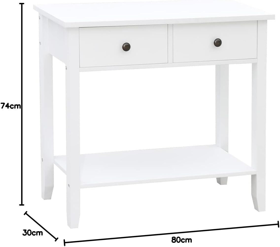 White Console Table with 2 Drawers & Undershelf – Sturdy Hallway Storage