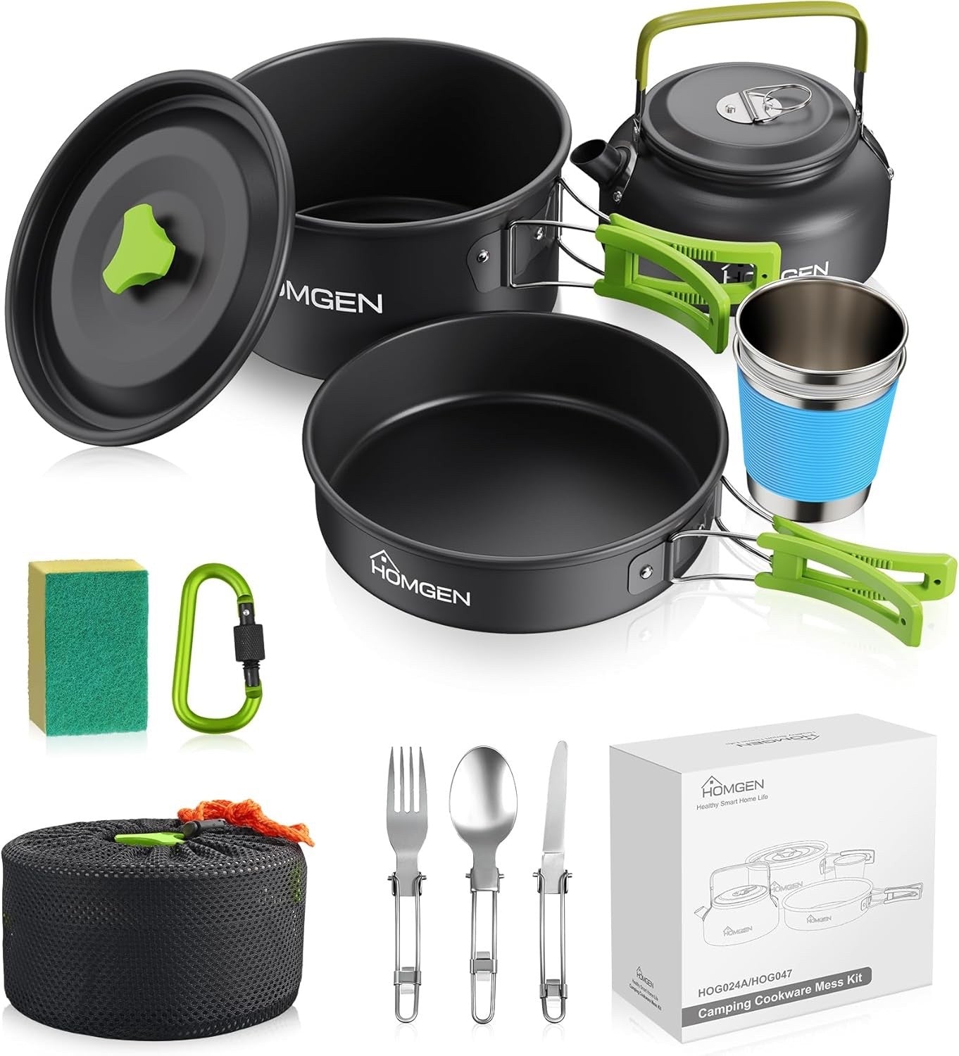 Green Camping Cookware Set with Pot Frying Pan, Kettle & Utensils for 2–3 People