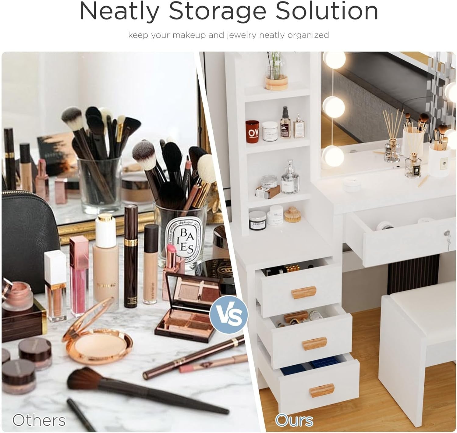 Vanity Set Makeup Desk White LED Mirror Sliding Storage Stool 4 Drawers Bedroom