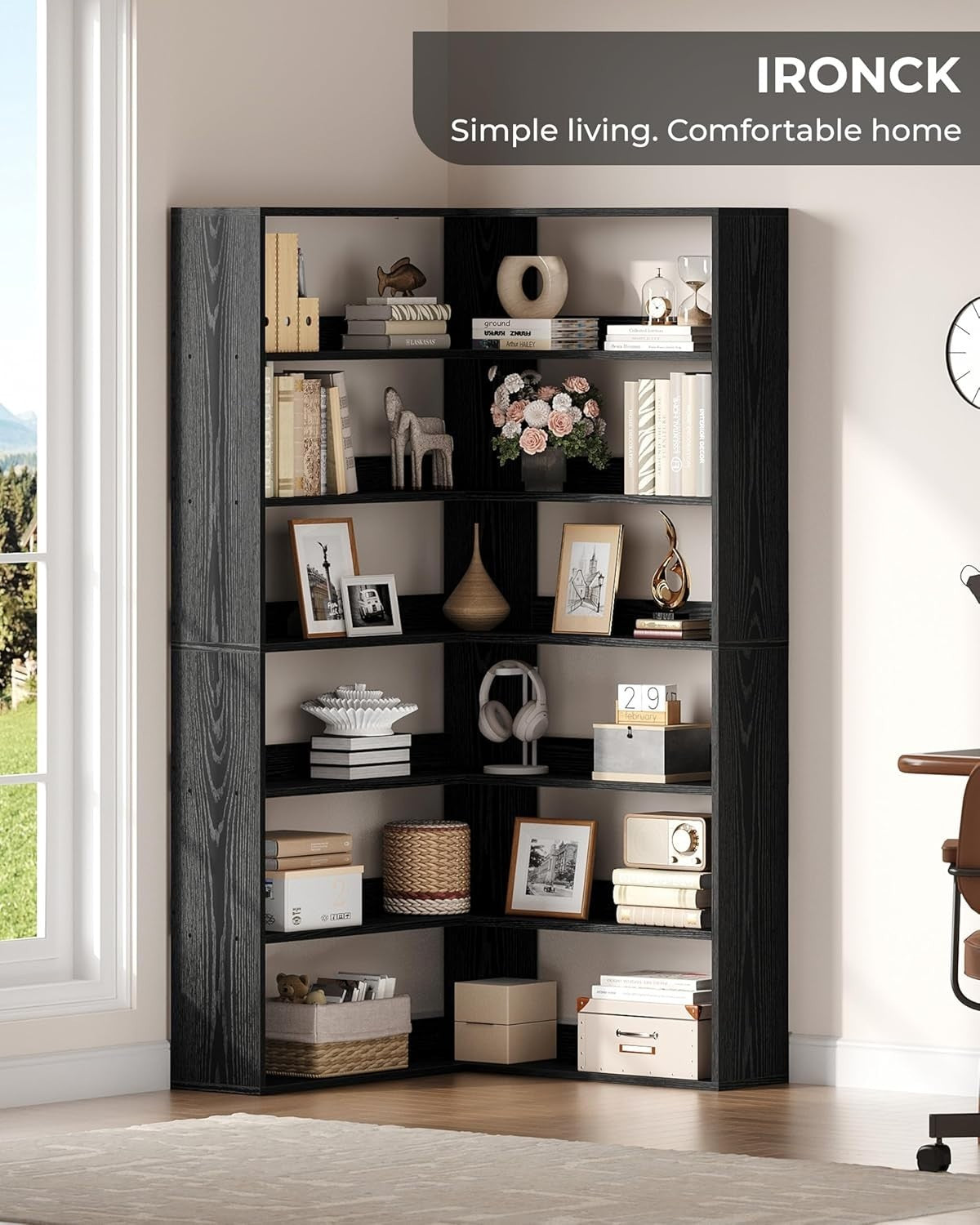 6-Tier Tall Corner Bookshelf Black 180cm L-Shaped Storage Rack