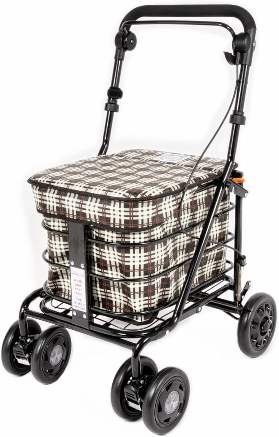 Folding 6 Wheel Mobility Shopping Trolley With Seat Handbrake Brown Tartan