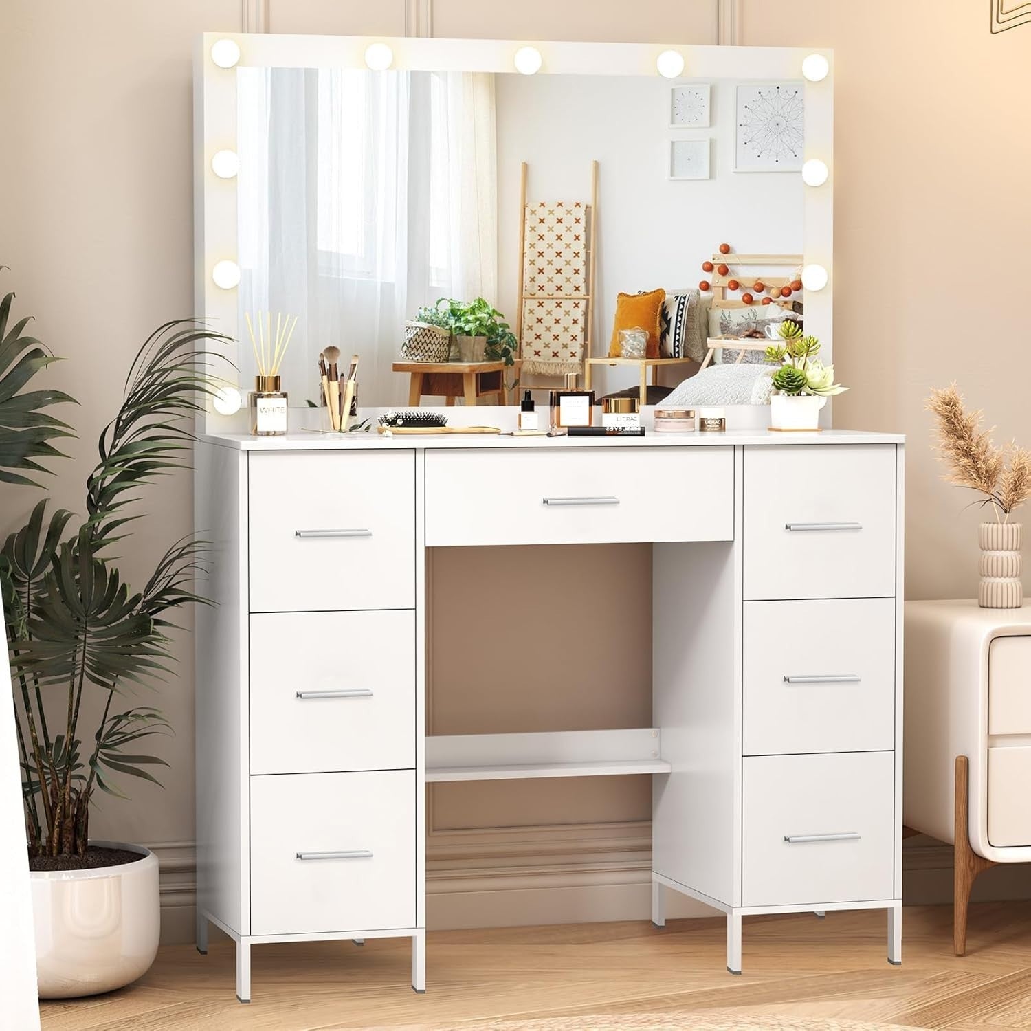 White Vanity Dressing Table with 11 LED Light Mirror, 7 Drawers, Modern Style