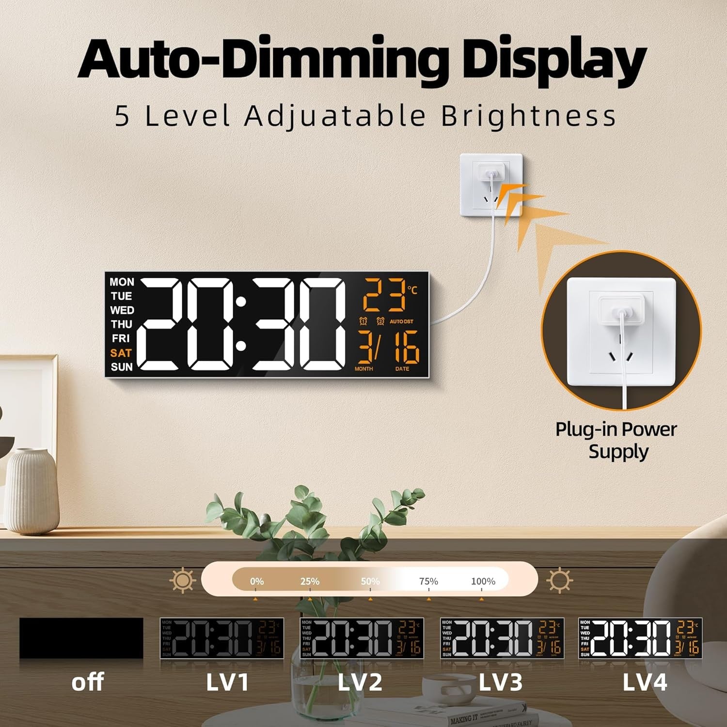 16 Inch Large Digital Wall Clock RGB LED Remote Alarm Temp Date
