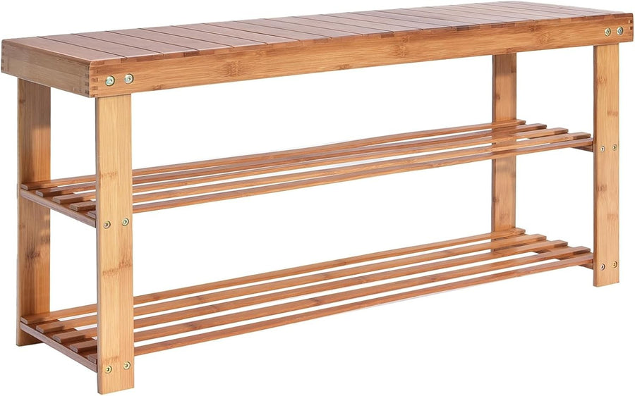 2-Tier Bamboo Shoe Storage Bench with Seat for Entryway Hallway 90cm