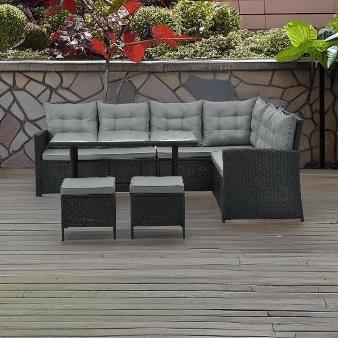 8 Seater Outdoor Rattan Sofa Set Corner Dining Table Chairs & Cover Black