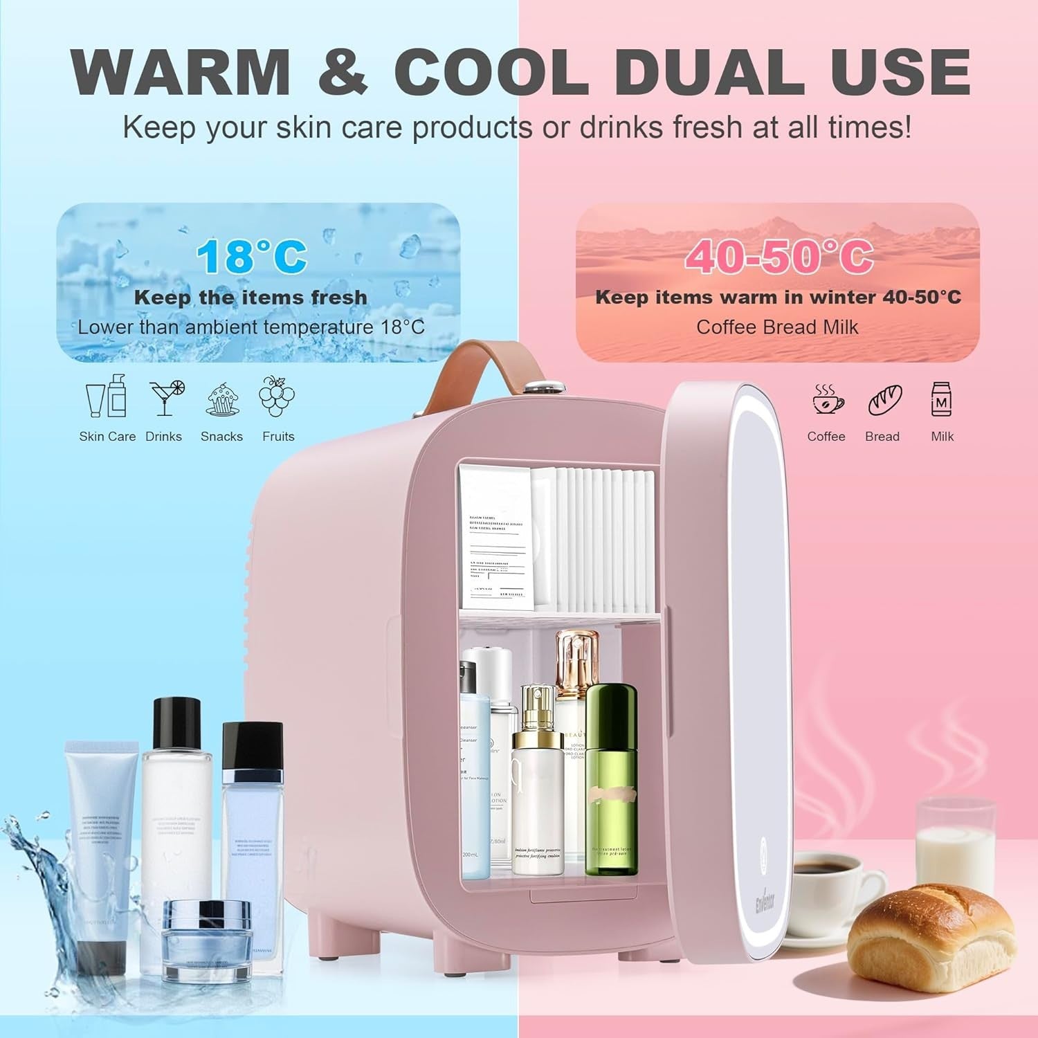 Portable 4L Mini Fridge Cooler Warmer with LED Mirror White