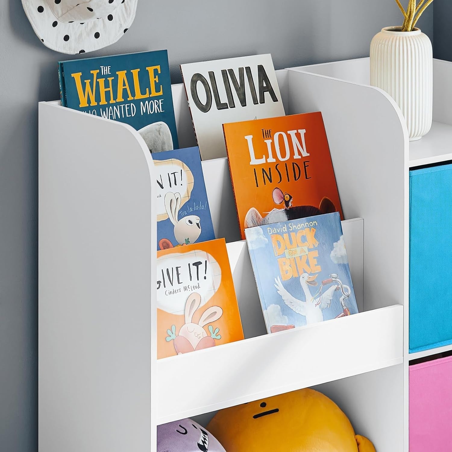 Kids Bookcase with 3 Shelves & 2 Fabric Drawers, Toy Storage Rack Pink Blue