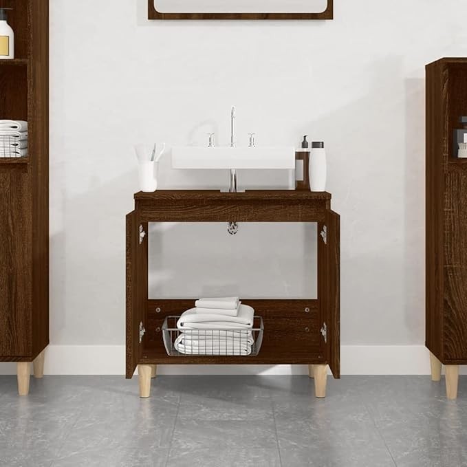 Brown Oak Under Sink Bathroom Cabinet 58cm Modern Vanity Storage Unit Cupboard