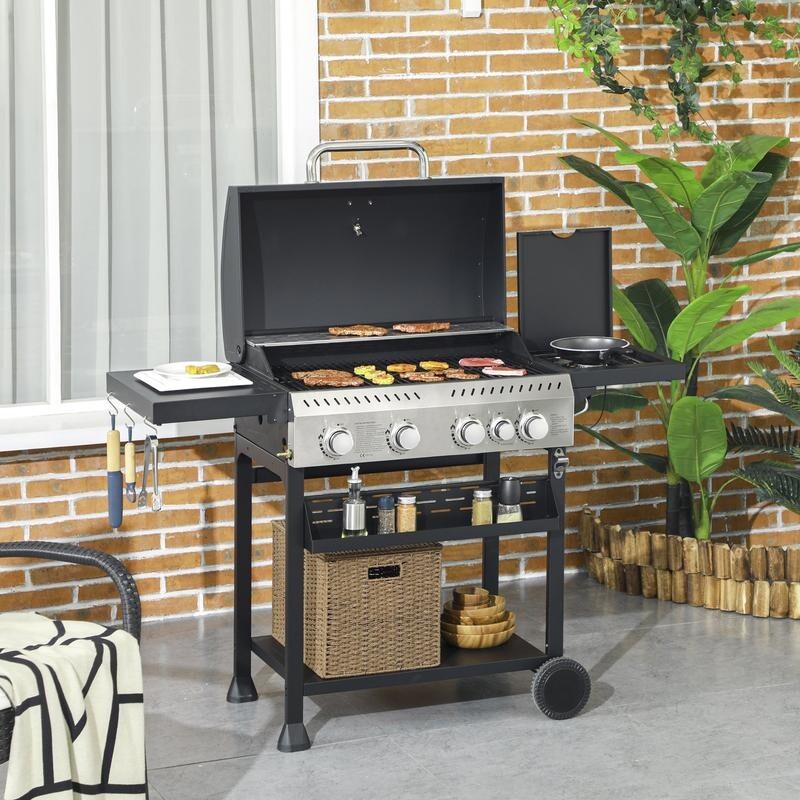 4+1 Gas BBQ Grill Trolley w/ Side Burner, Lid, Hooks, Shelf & Thermometer