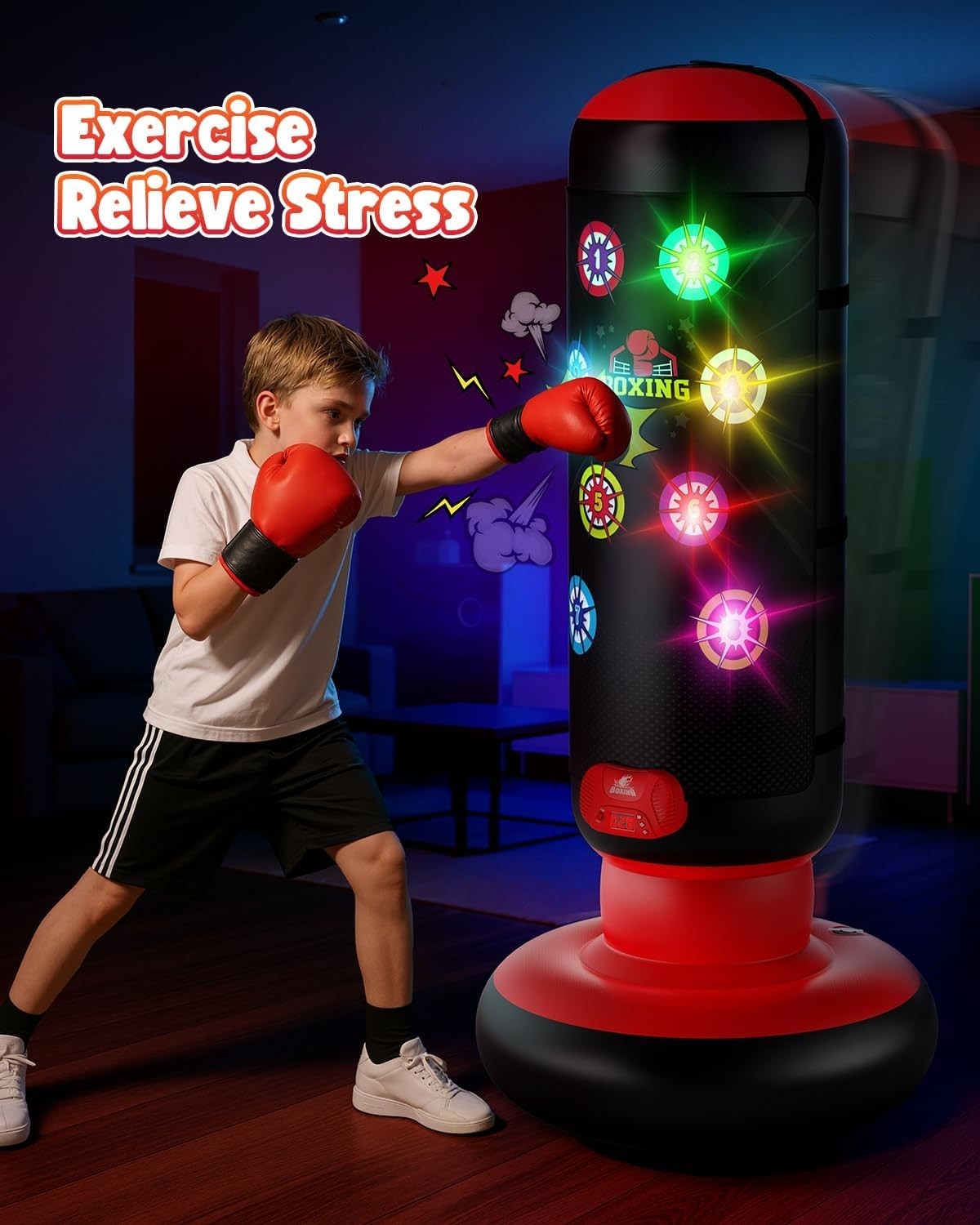 Kids Interactive Punching Bag Inflatable Boxing Game Lights Music