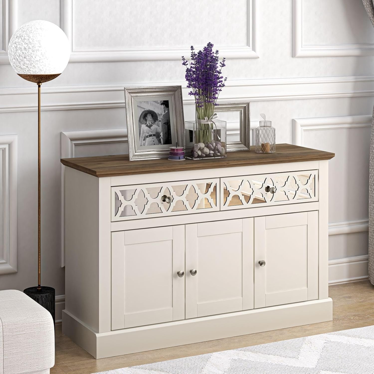 Ivory Oak Sideboard Cabinet 3 Door 2 Drawer Storage Unit for Hallway