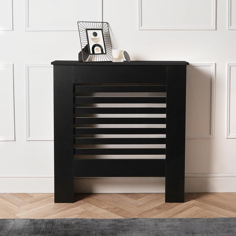 Small Black Slatted Radiator Cover 78x19x82cm – Modern MDF Cabinet