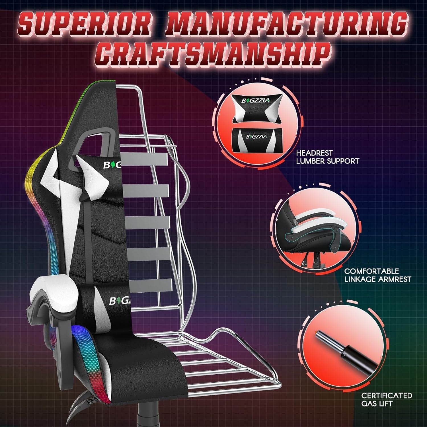 RGB LED Gaming Chair Reclining Ergonomic PU Leather Black