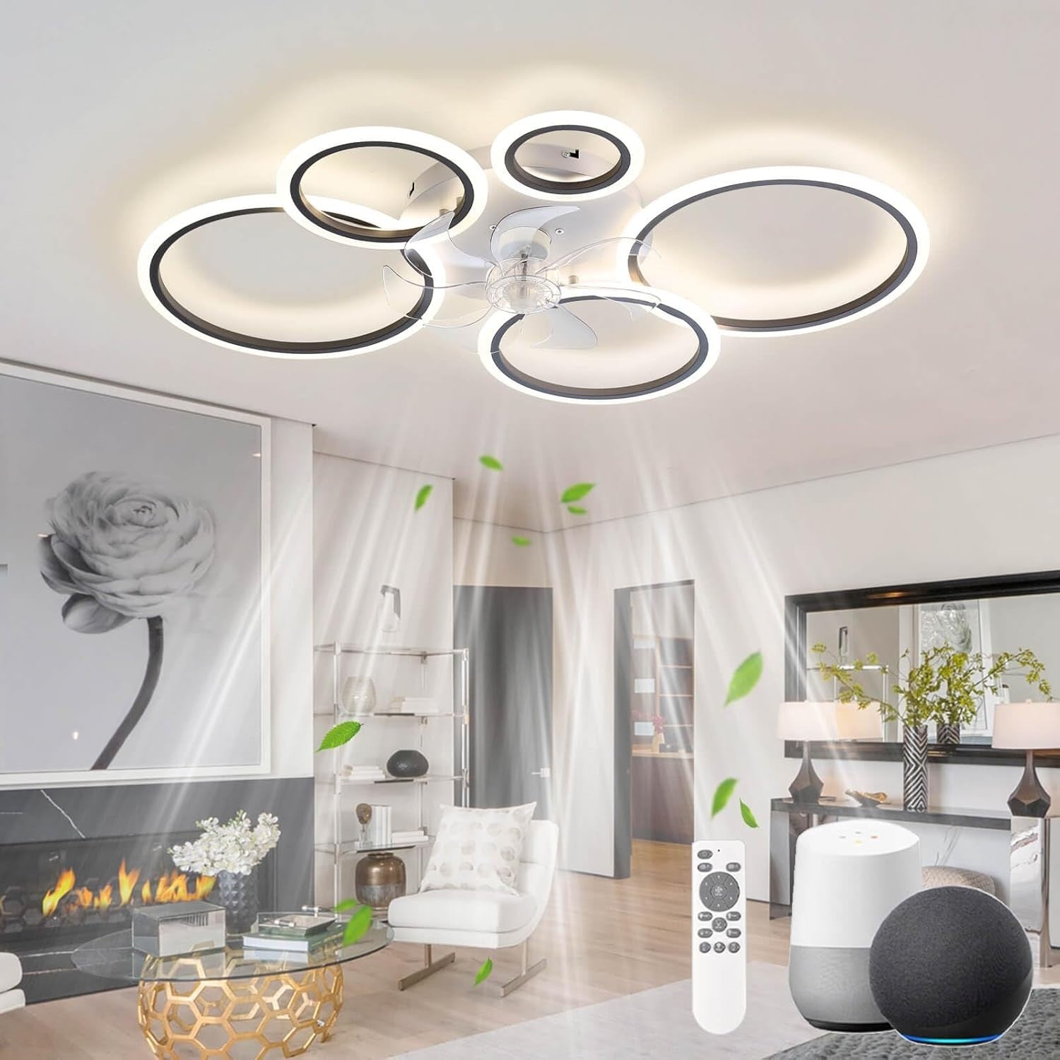 Smart Ceiling Fan with Light, 6-Speed, Dimmable, Reversible, 100cm, Black