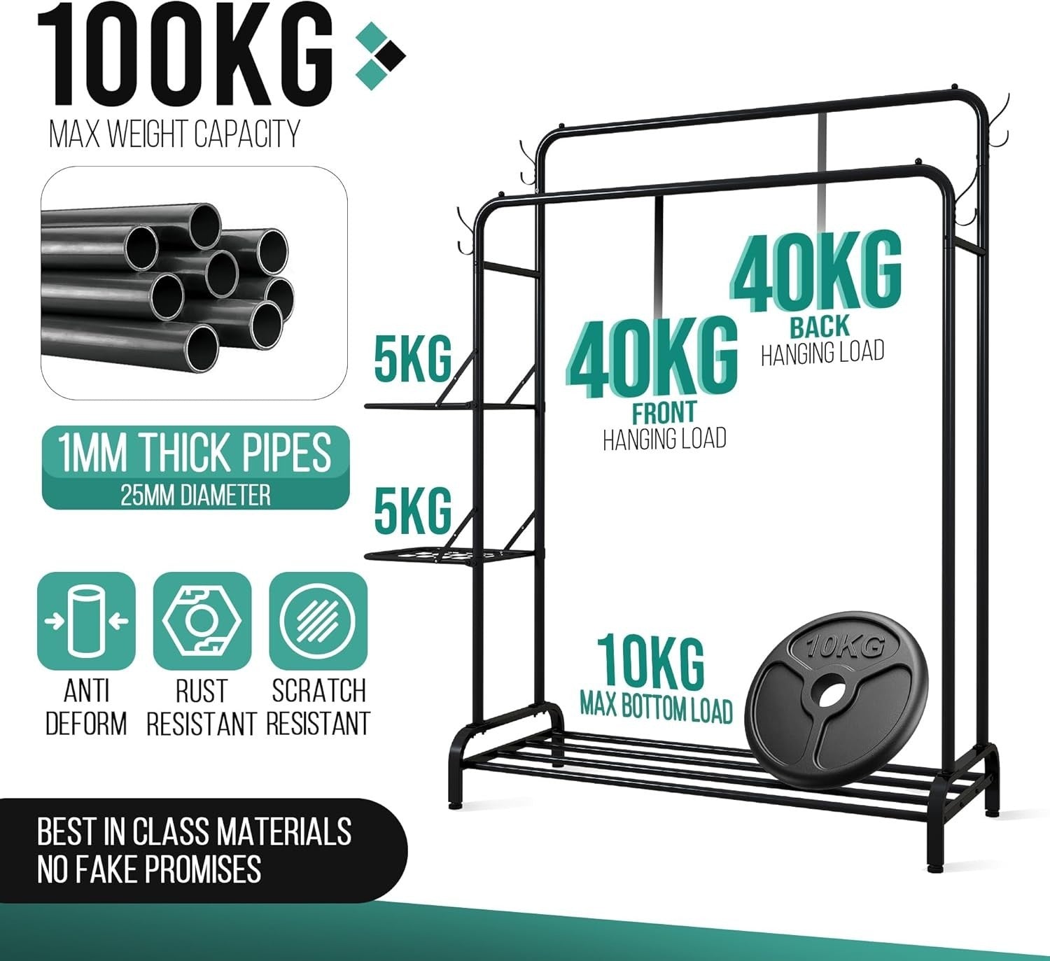 100KG Heavy Duty Clothes Rail With Shelves & Double Rods