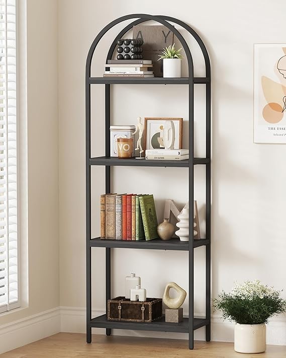 Tall Arched Bookshelf 4-Tier Industrial Metal Display Unit for Living Room