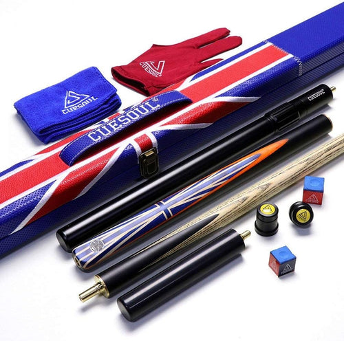 57" 3/4 Joint Ebony Snooker Cue 9.5mm Tip Union Jack Case Extensions