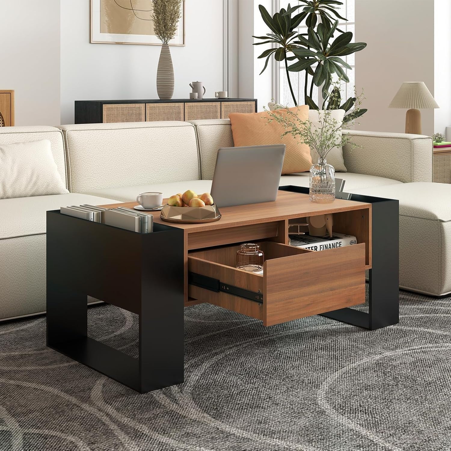 Rustic Brown Coffee Table with Storage Drawer & Shelves 98x50x40cm