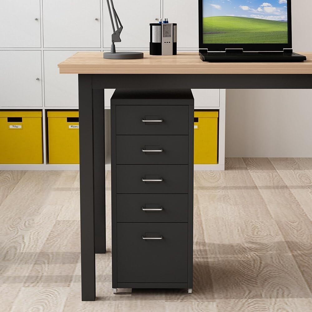 Tall Metal 5 Drawer Filing Cabinet Storage Chest on Wheels Home Office