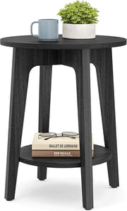 Round Black Side Table with Shelf, Small 2-Tier End Table for Living Room