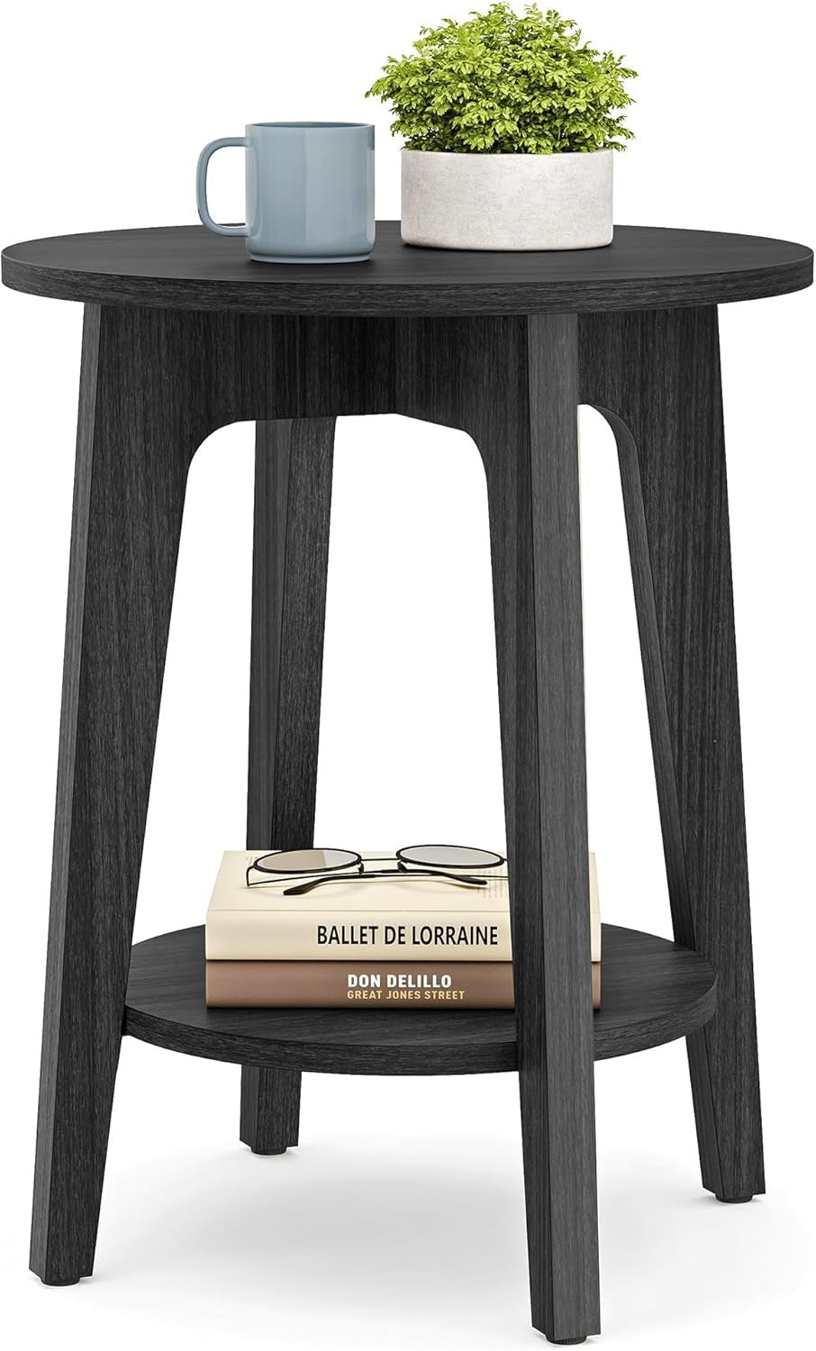 Round Black Side Table with Shelf, Small 2-Tier End Table for Living Room