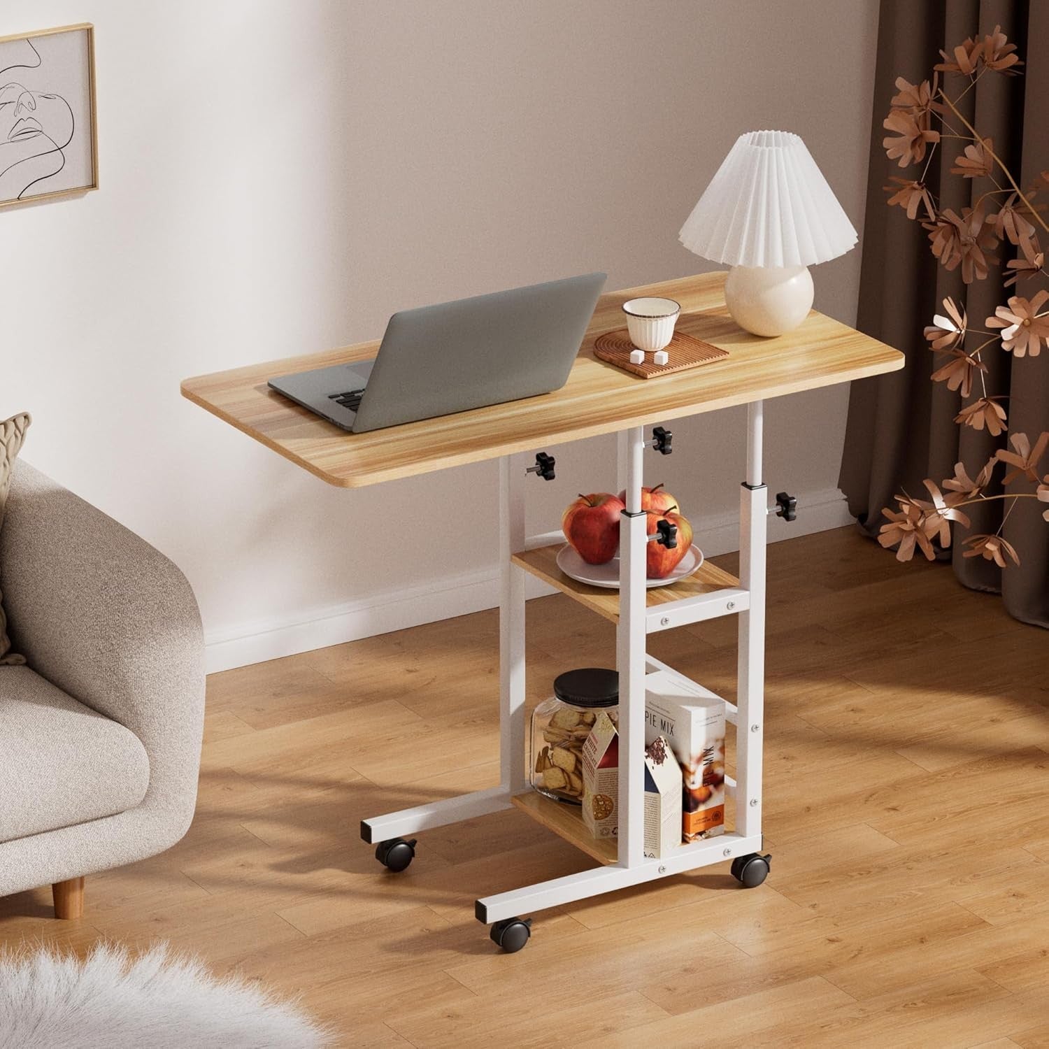 Overbed Table with Wheels Adjustable Height Bedside Laptop Desk Storage