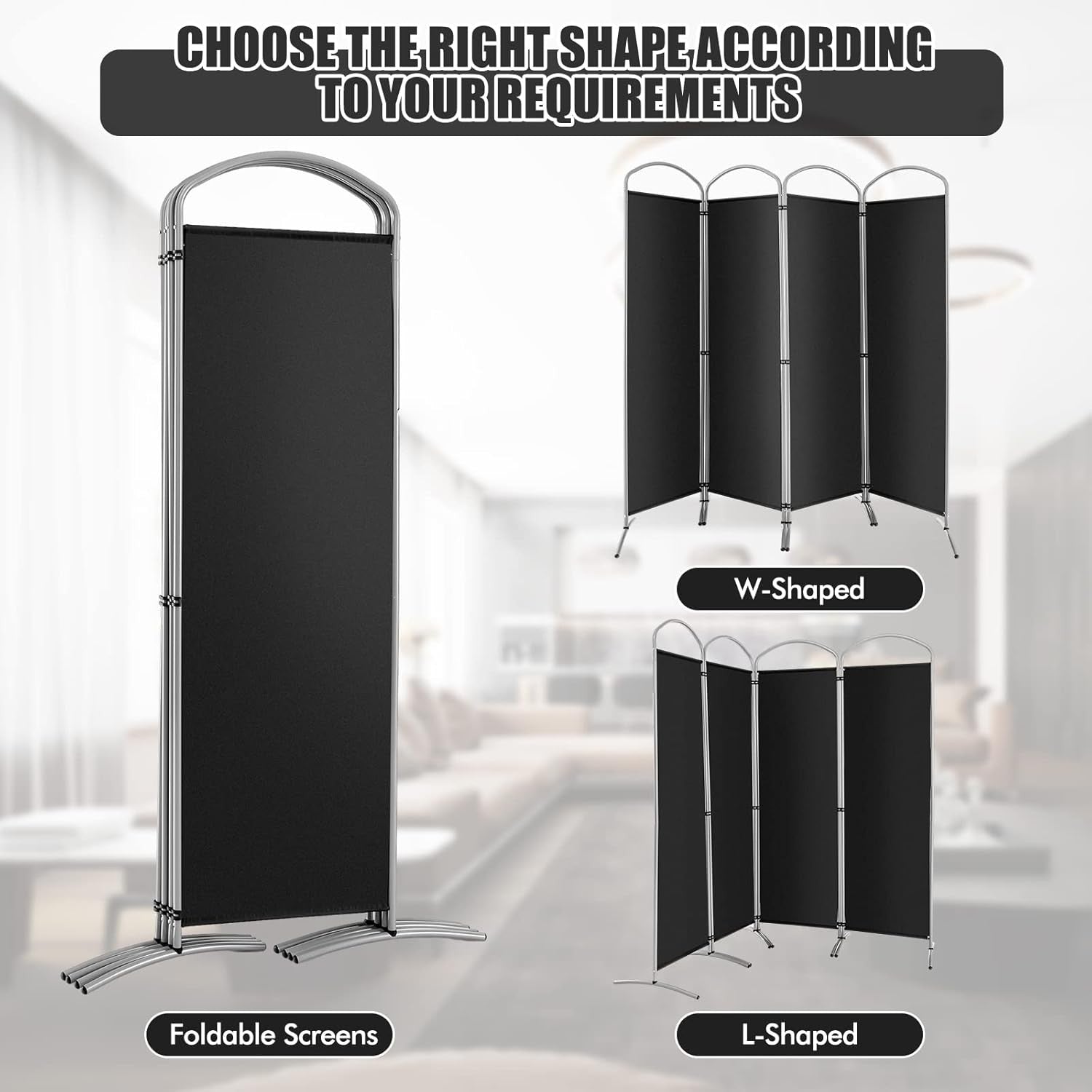 4 Panel Black Folding Room Divider Privacy Screen Partition for Office Bedroom