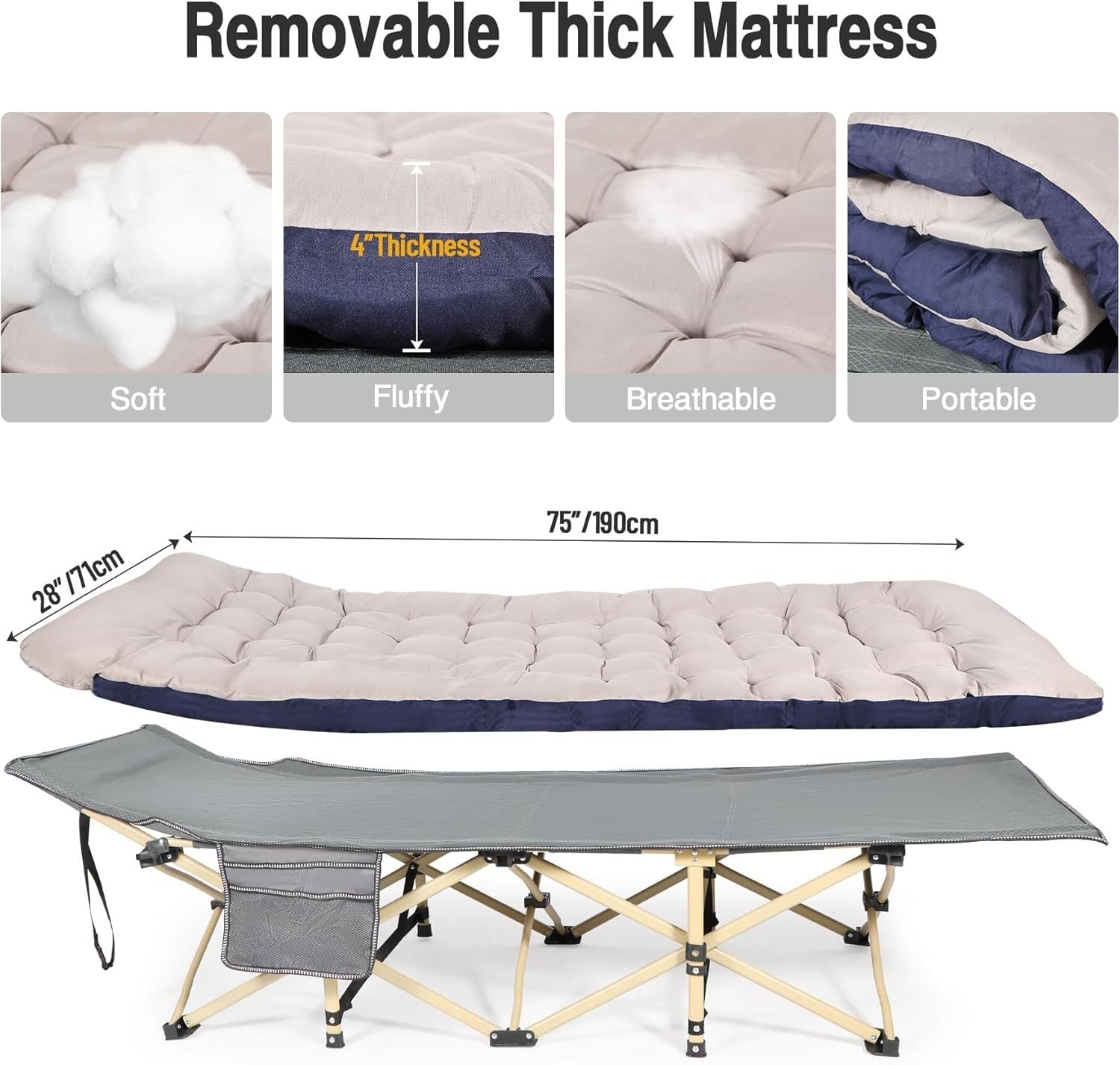 Folding Camping Bed with Thick Mattress | 500lbs Heavy Duty Outdoor Cot