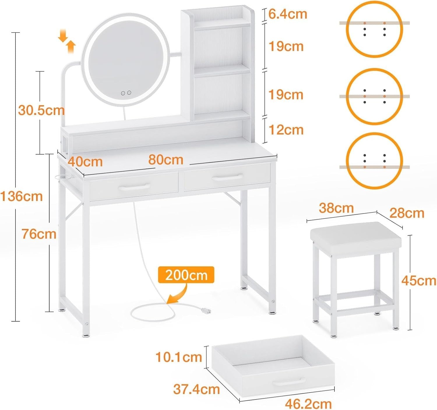 White Vanity Dressing Table Makeup Desk with LED Mirror & Storage Drawers 80cm