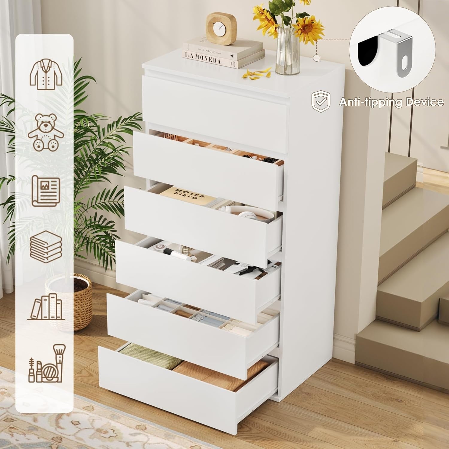 6-Drawer White Chest Storage Cabinet 119cm Tall Bedroom Dresser Organizer