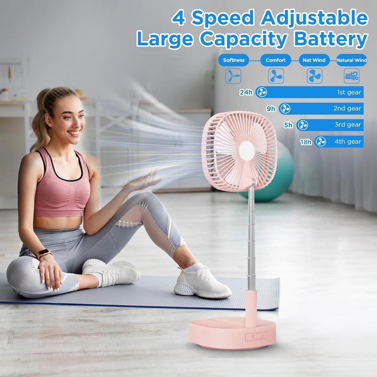 3-in-1 Portable Fan Pink – Rechargeable Oscillating Desk & Standing Fan w/Remote