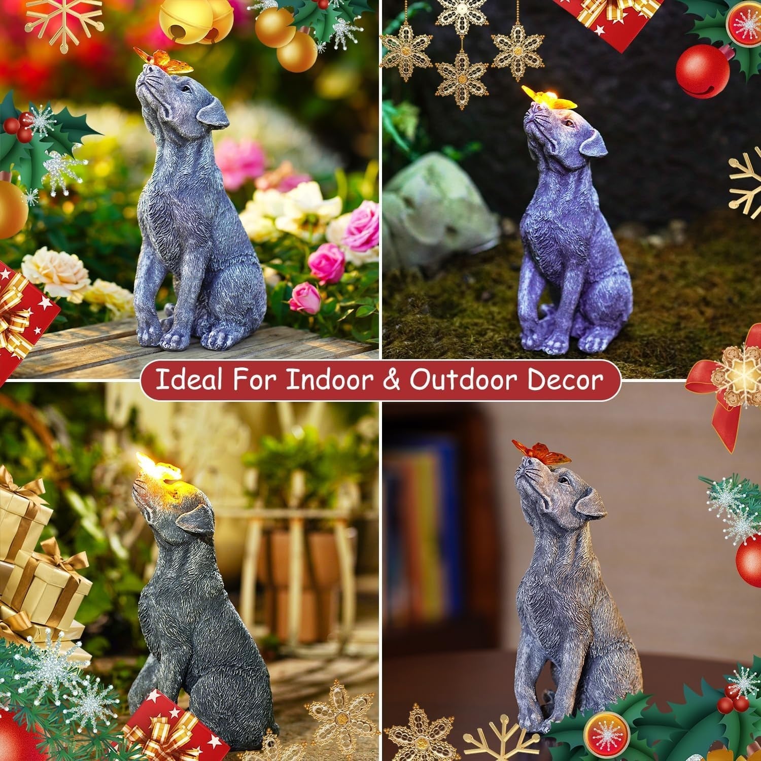 Solar Dog Garden Ornament with Lighted Butterfly Resin Waterproof Outdoor Decor