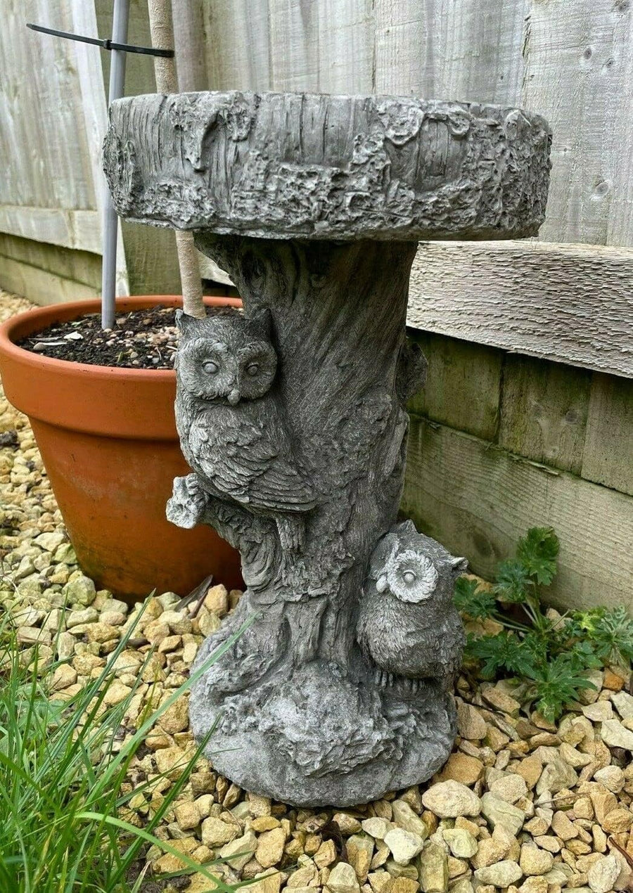Barn Owl Bird Bath Stone Statue | Vintage Garden Ornament Feeder Decor