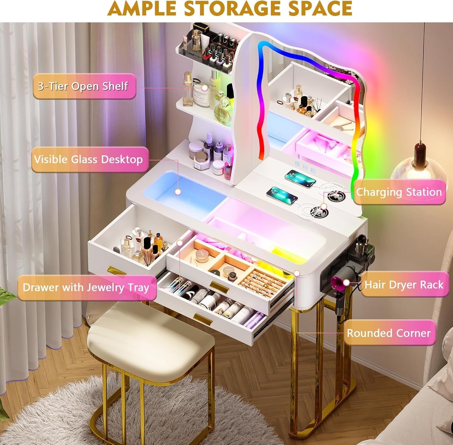 Elegant White Vanity Dressing Table RGB LED Mirror Wireless Charging 3 Drawers
