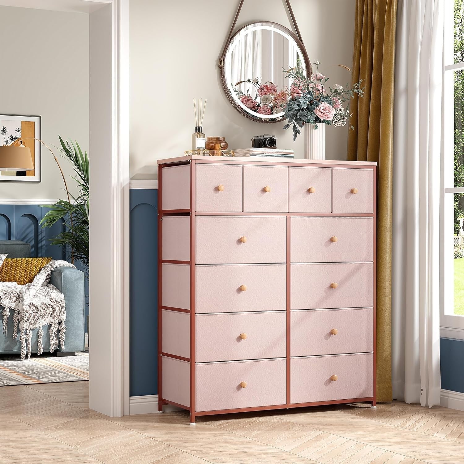 Pink 12 Drawer Tall Chest of Drawers Storage Unit for Bedroom Nursery
