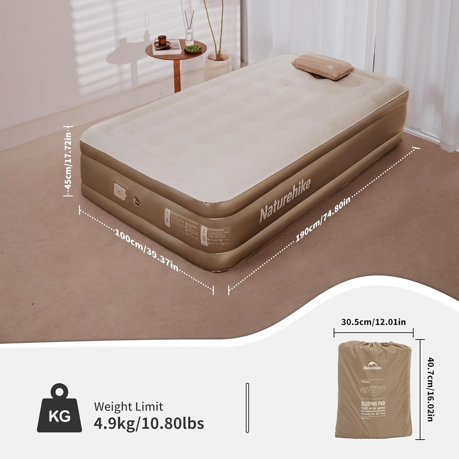 Single Inflatable Mattress Air Bed – Rechargeable Pump, 190x100x45cm, Camping
