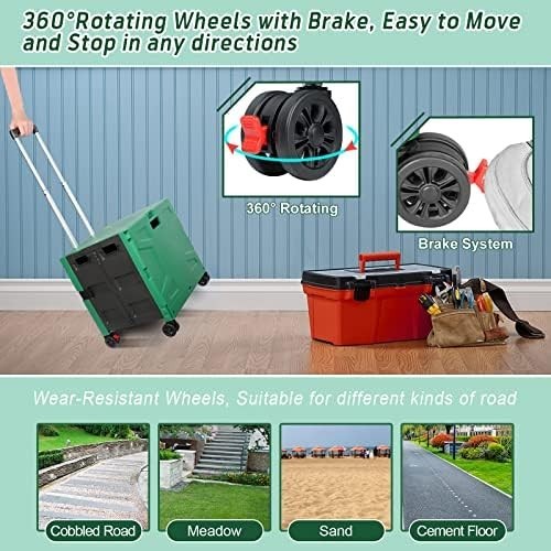 Foldable Rolling Shopping Trolley Cart Box 50Kg Portable w/ Lid Green