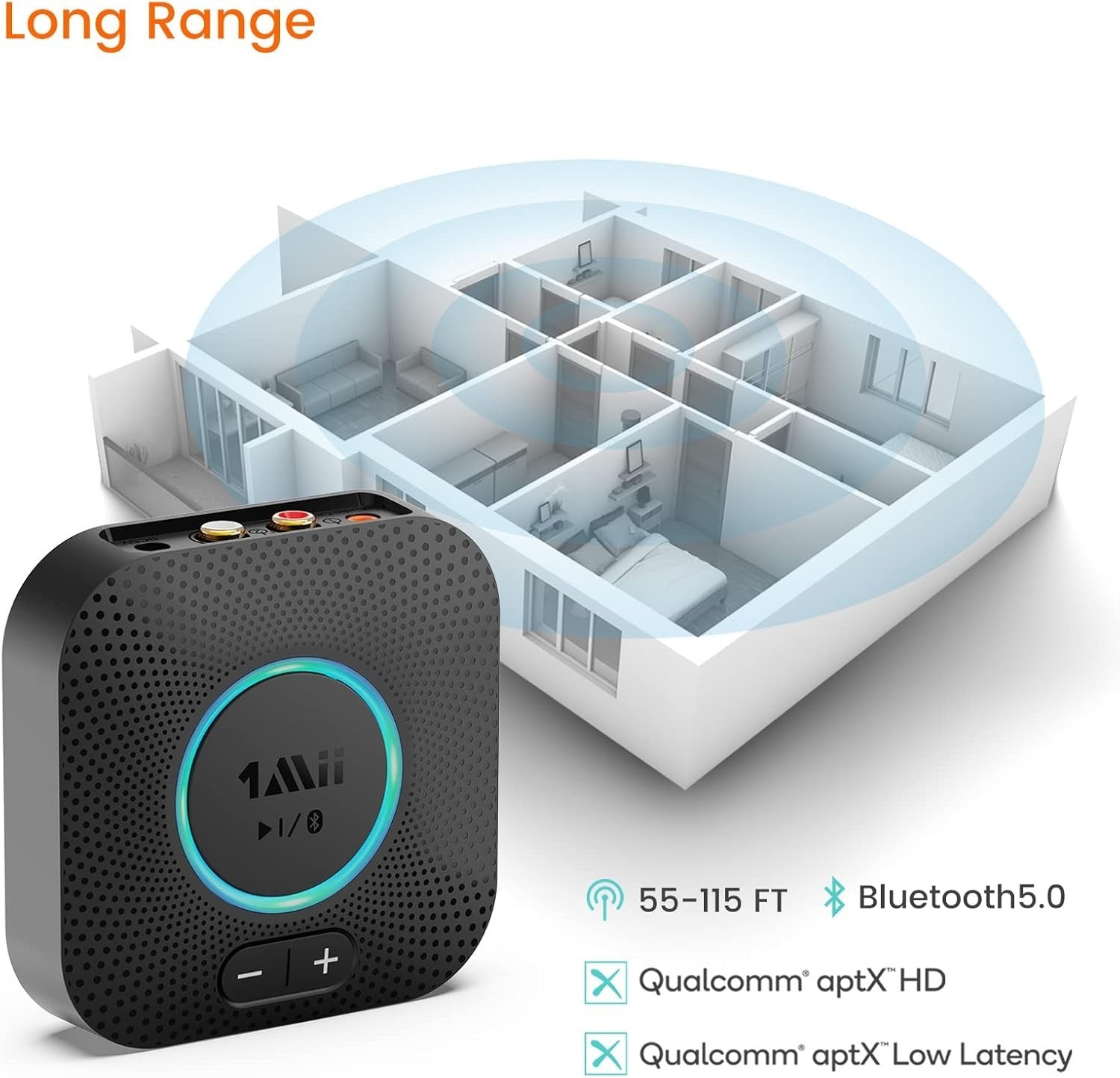 1Mii B06S Bluetooth 5.2 Receiver aptX HD Low Latency RCA AUX Volume Control