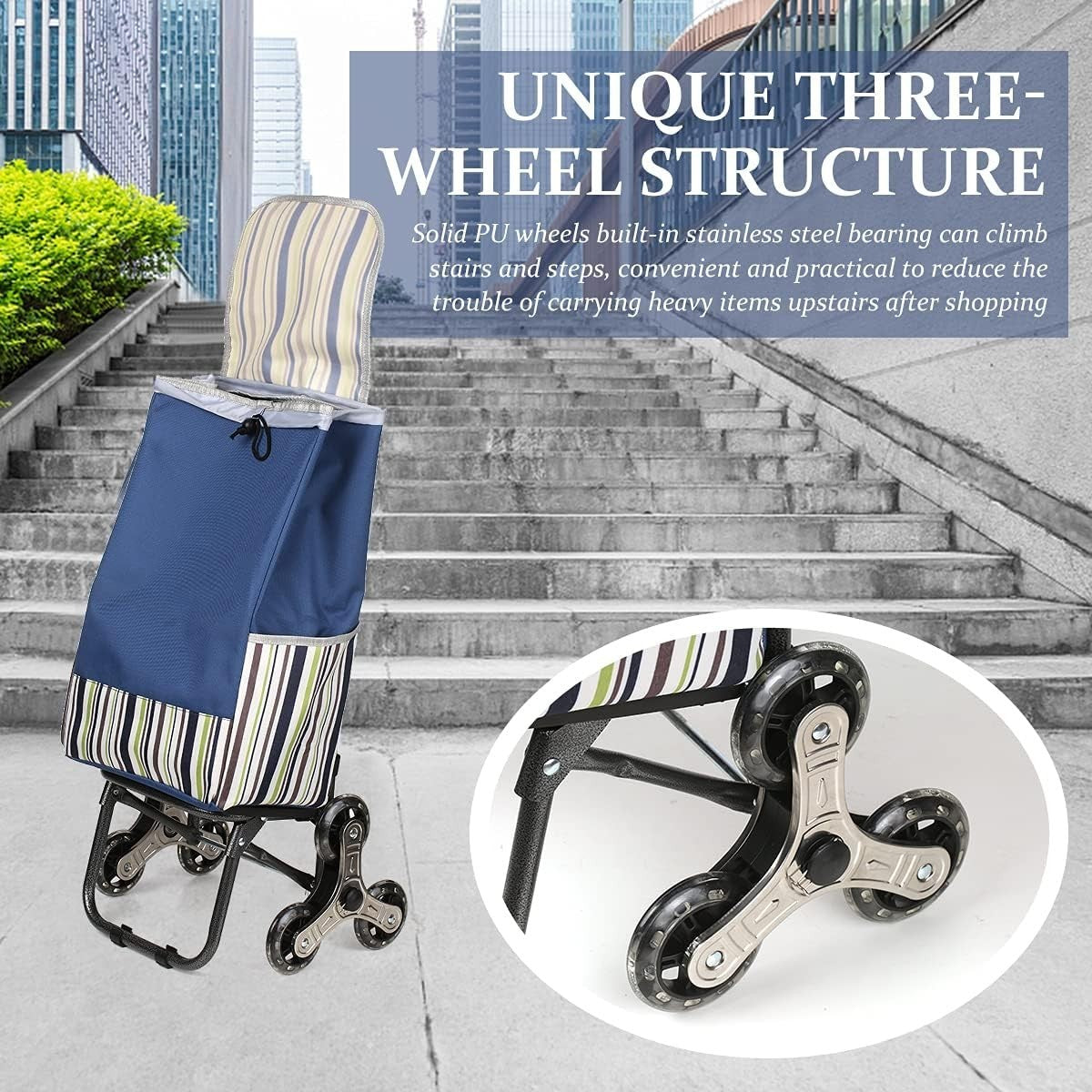 Stair Climber Grocery Cart Lightweight Metal Frame w/ Oxford Bag & PU Wheels