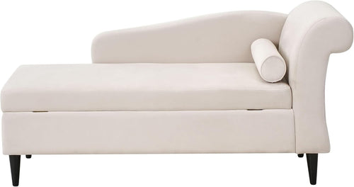 Right Hand Beige Velvet Chaise Lounge with Storage Soft Padding Wood Legs