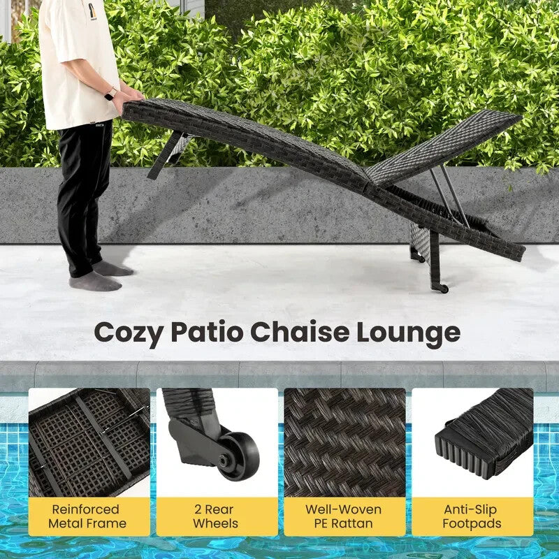 Folding Rattan Sun Lounger with Adjustable Backrest & Wheels – Outdoor Recliner