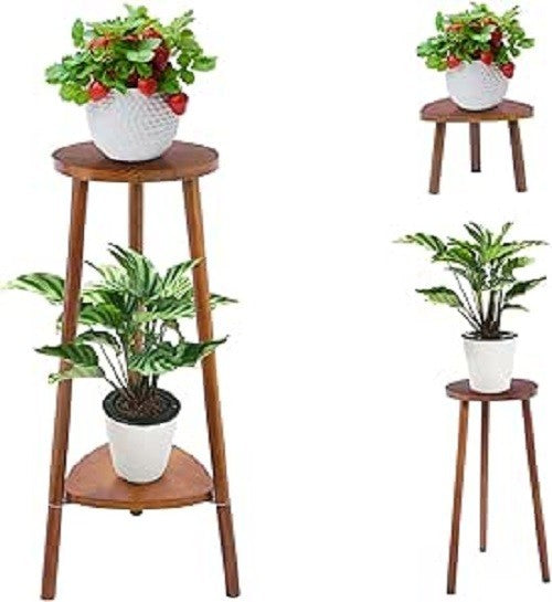 2 Tier Wooden Plant Stand Indoor Outdoor Convertible Flower Shelf Walnut