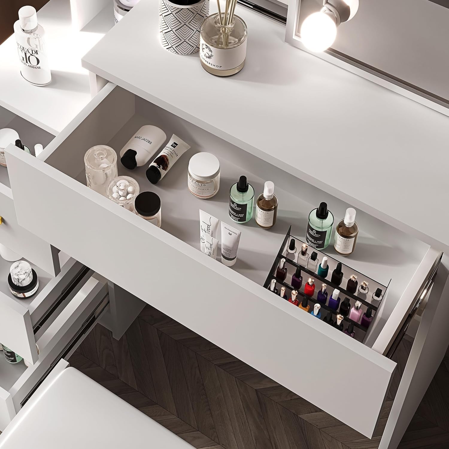 White Dressing Table Set w/LED Mirror Lights 3 Drawers Open Storage Modern